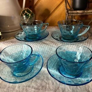 Vintage Hazel Atlas Capri Dot Azure Blue glass teacups with saucers
